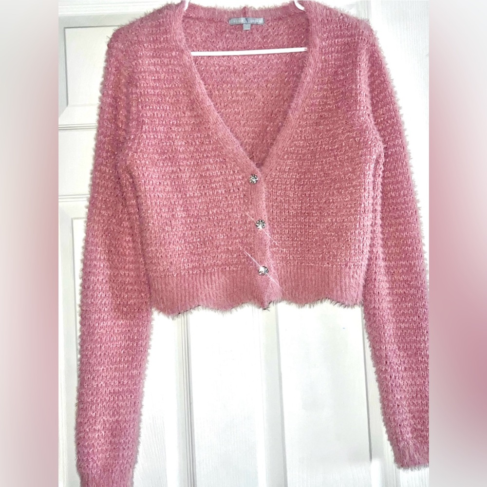 Pink V-Neck Button-Up Women Sweater
